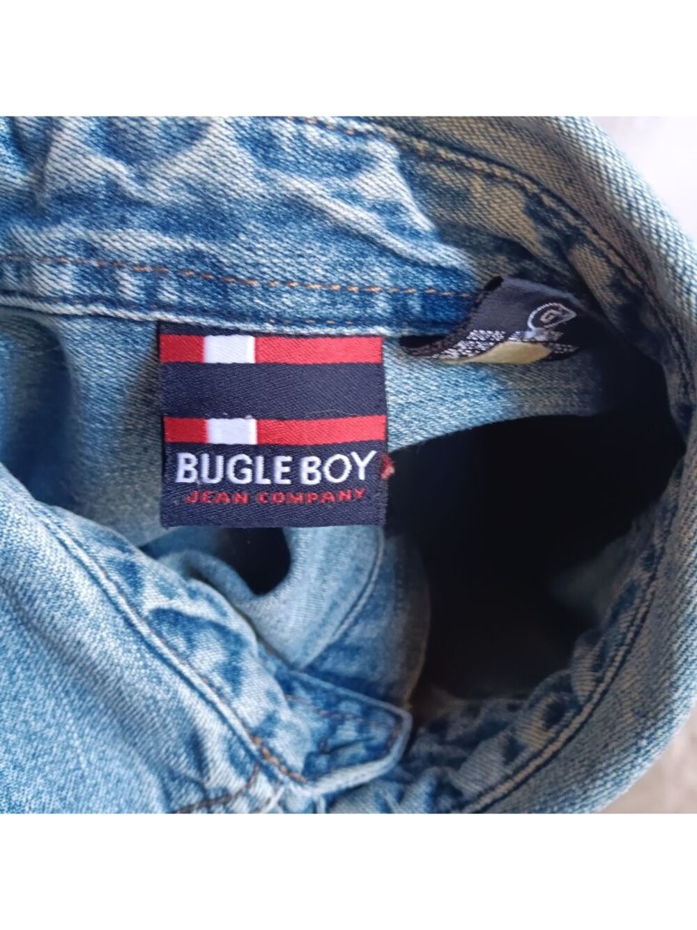 Vintage Large Denim Shirt Bugle Boy Light Blue Button Down 90s Leather Patch